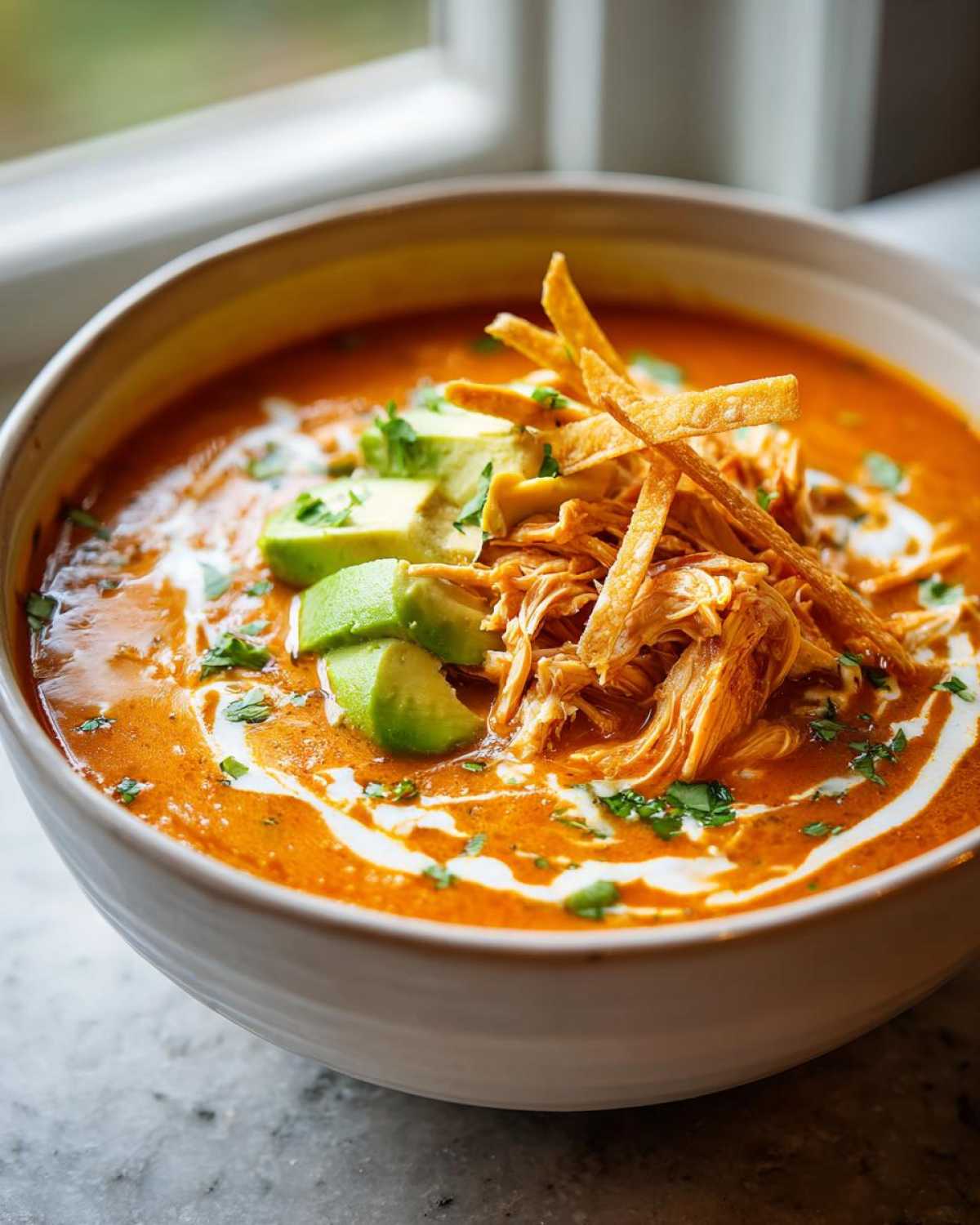 A close-up of a bowl of creamy, orange-hued chicken tortilla soup topped with shredded chicken, avocado slices, and crispy tortilla strips.