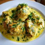 Close-up of tender pieces of coconut lime chicken coated in a rich, yellow, creamy sauce and topped with fresh cilantro.