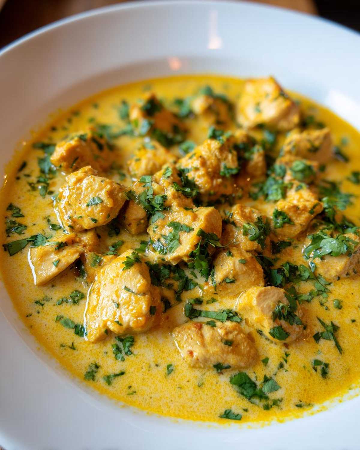 Close-up of creamy coconut lime chicken pieces in a rich yellow sauce, garnished with fresh cilantro.