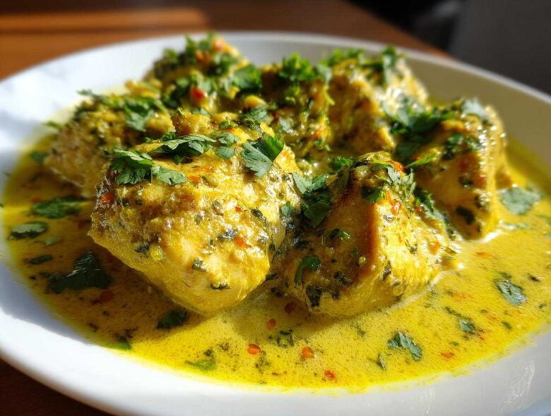 Close-up of tender pieces of coconut lime chicken coated in a rich, yellow coconut sauce and topped with fresh cilantro.