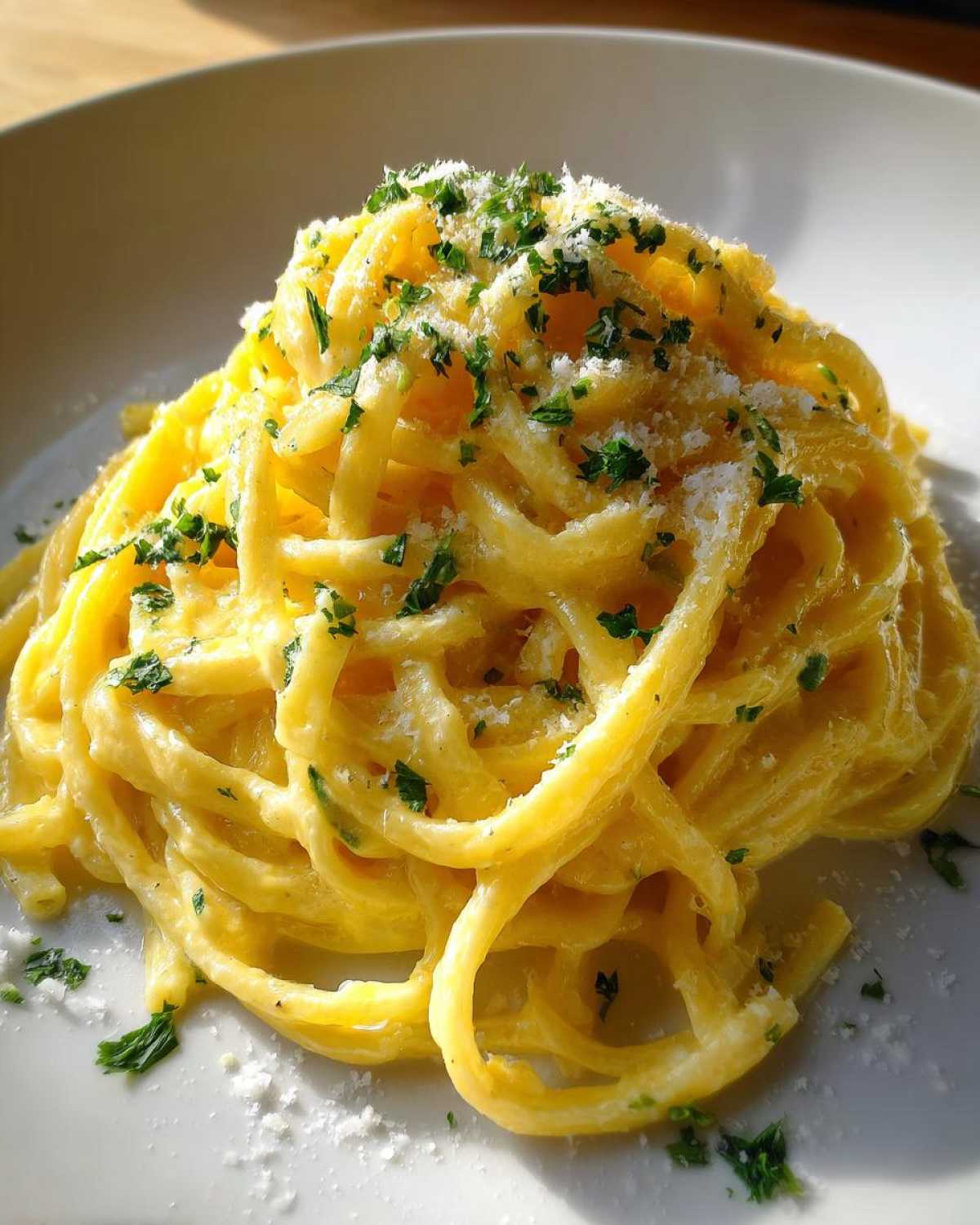 A close-up of a mound of bright yellow Creamy Lemon Pasta, topped with grated cheese and fresh chopped parsley.