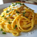 A serving of bright yellow Creamy Lemon Pasta twirled high on a white plate, topped with grated Parmesan and fresh parsley.