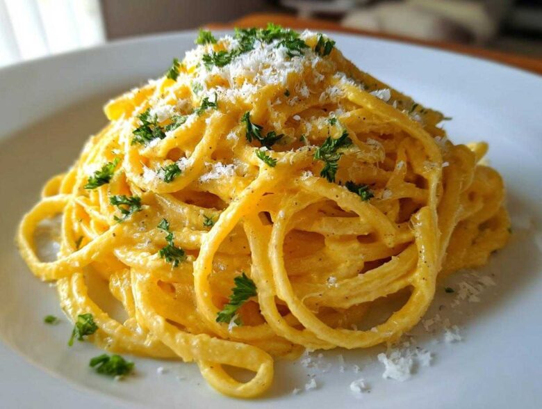 A serving of bright yellow Creamy Lemon Pasta twirled high on a white plate, topped with grated Parmesan and fresh parsley.