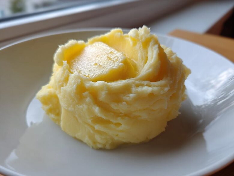 A scoop of ultra creamy mashed potatoes topped with a melting pat of butter on a white plate.
