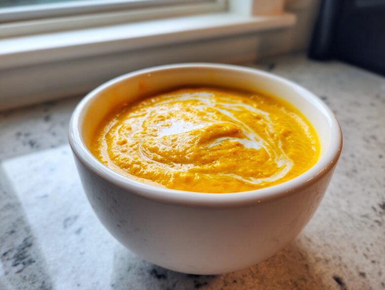 Close-up of a vibrant orange cauliflower soup, swirled with cream, served in a white bowl.