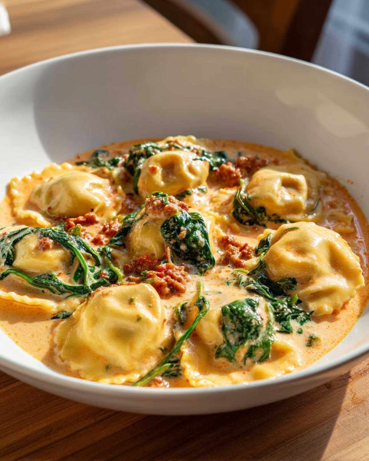 Close-up of a white bowl filled with creamy, orange-hued ravioli soup featuring cheese ravioli, wilted spinach, and crumbled sausage.