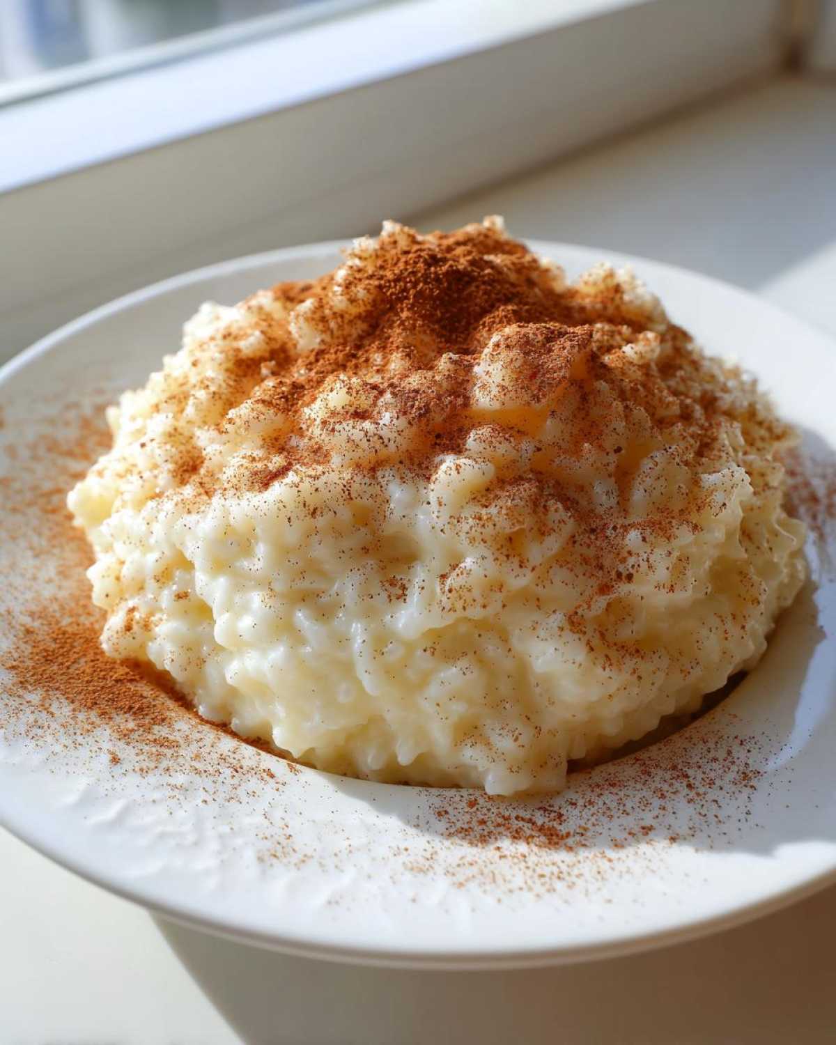 A close-up of creamy rice pudding recipe served in a white bowl and generously dusted with cinnamon powder.