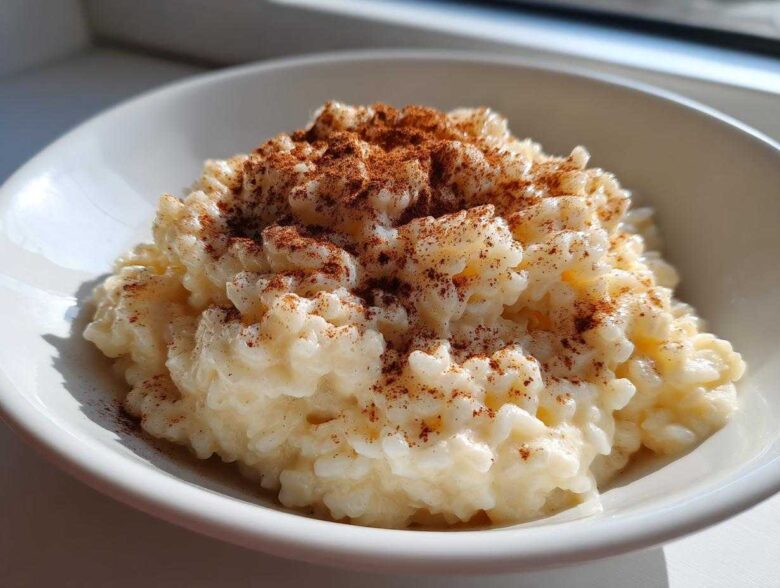 Close-up of creamy rice pudding recipe served in a white bowl, generously dusted with ground cinnamon.
