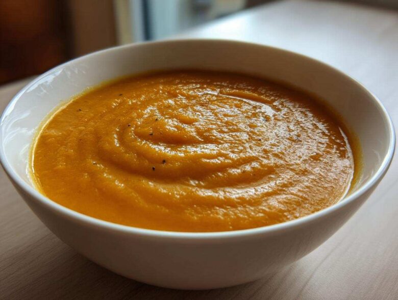 A close-up of a thick, vibrant orange roasted butternut squash soup served in a white bowl.