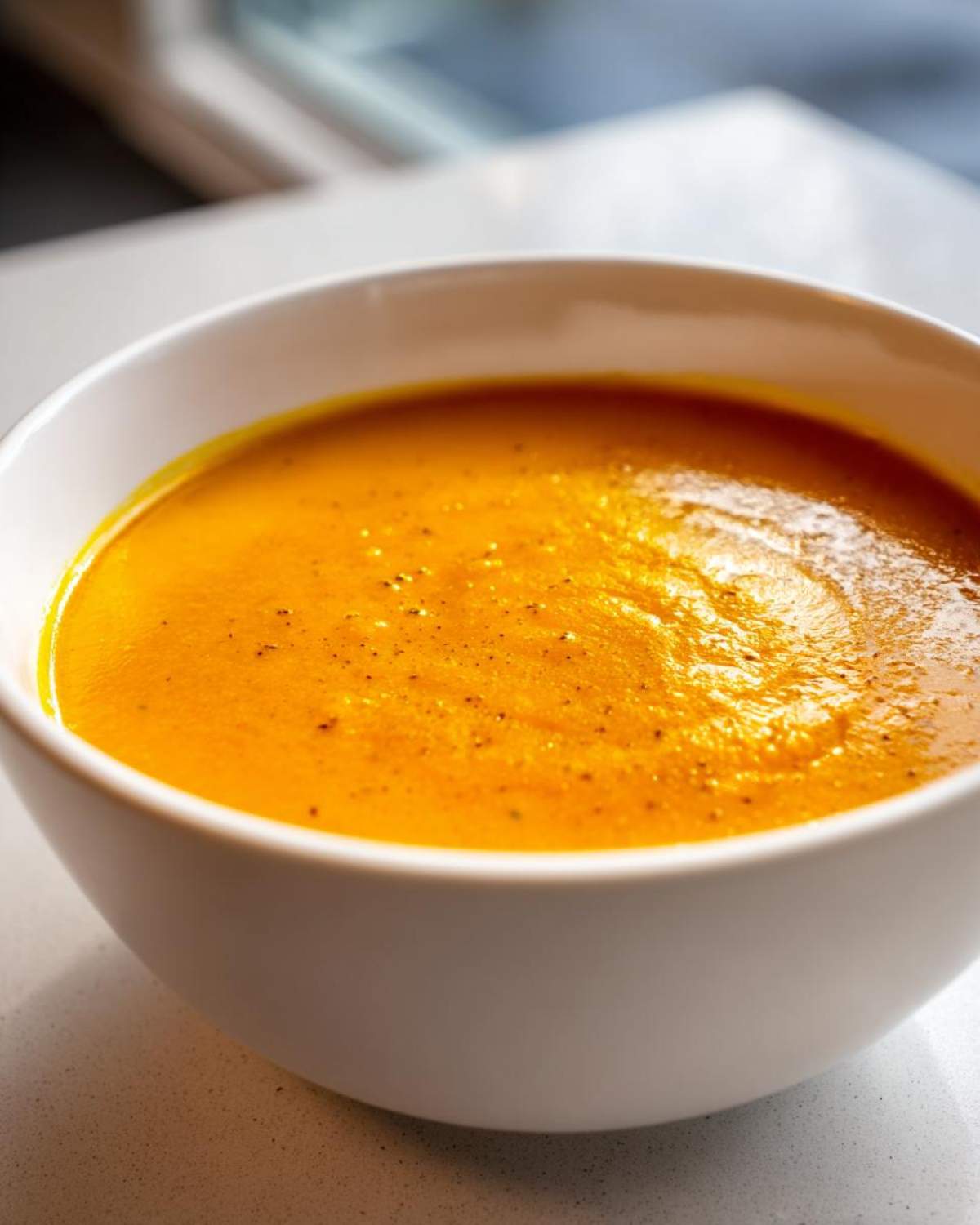 Close-up of creamy, vibrant orange roasted butternut squash soup in a white bowl.