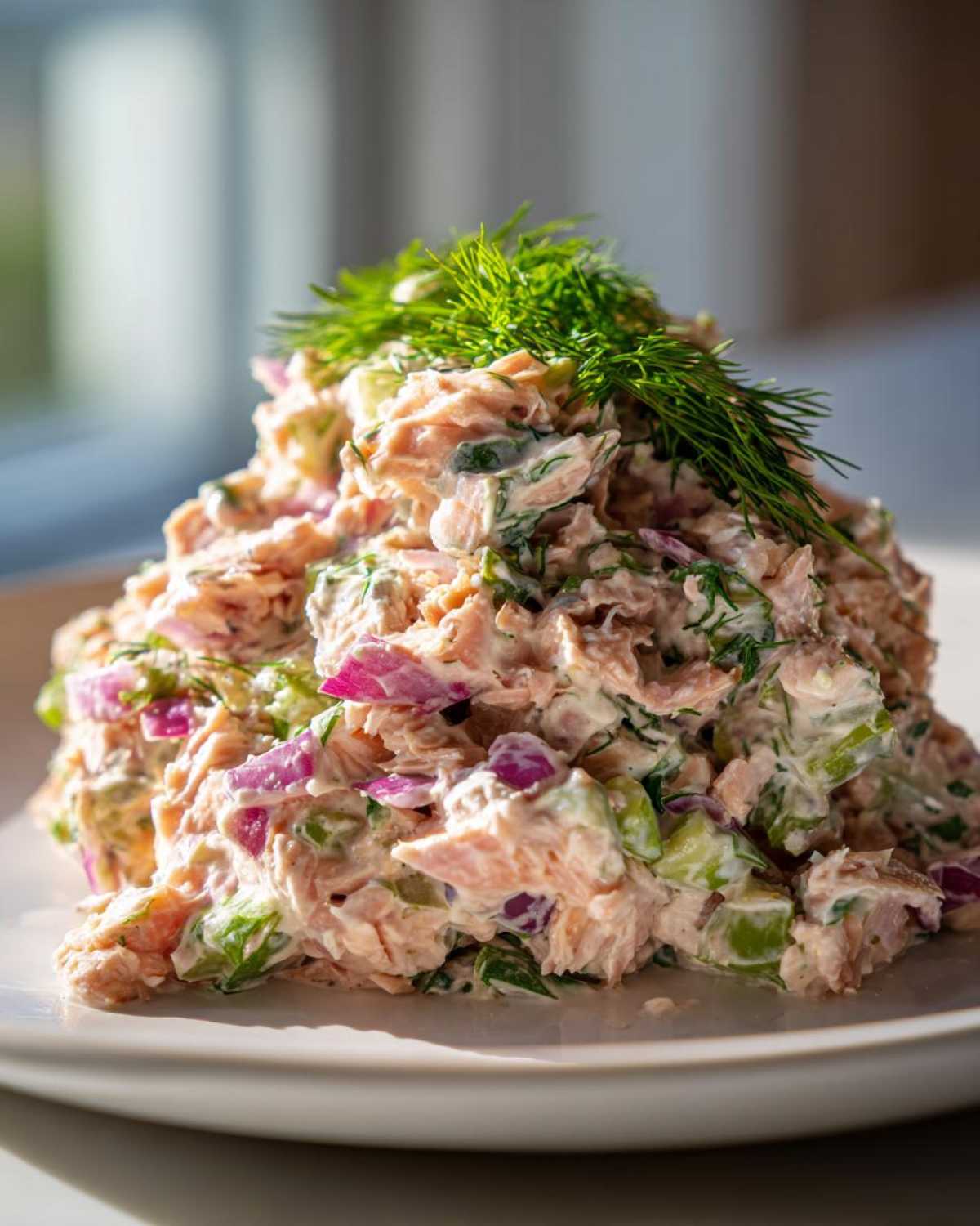 A mound of creamy salmon salad mixed with red onion and celery, topped with fresh dill.