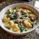 Close-up of a hearty bowl of creamy tortellini soup with sausage, wilted spinach, and grated Parmesan cheese.