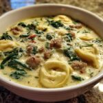 A close-up of a white bowl filled with creamy tortellini soup, featuring sausage, spinach, and cheese.
