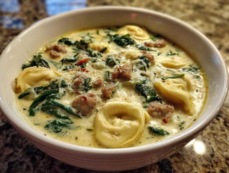 A close-up of a white bowl filled with creamy tortellini soup, featuring sausage, spinach, and cheese.