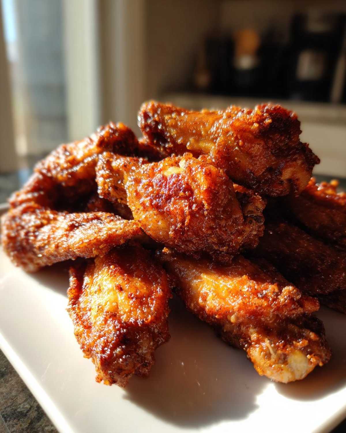A close-up stack of golden brown, crispy baked chicken wings glistening under sunlight.