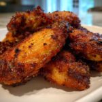 A close-up photo of a pile of golden-brown, crispy baked chicken wings on a white plate.