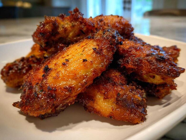 A close-up photo of a pile of golden-brown, crispy baked chicken wings on a white plate.