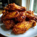Close-up of a pile of golden brown, glossy, crispy baked chicken wings on a white plate.