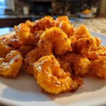 A close-up of crispy, golden-brown Bang Bang Shrimp piled high on a white plate, coated in a glossy sauce.