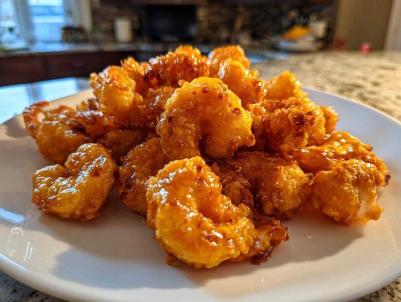 A close-up of crispy, golden-brown Bang Bang Shrimp piled high on a white plate, coated in a glossy sauce.