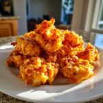 A close-up of crispy, golden-brown Bang Bang Shrimp drizzled with creamy orange sauce, piled high on a white plate.
