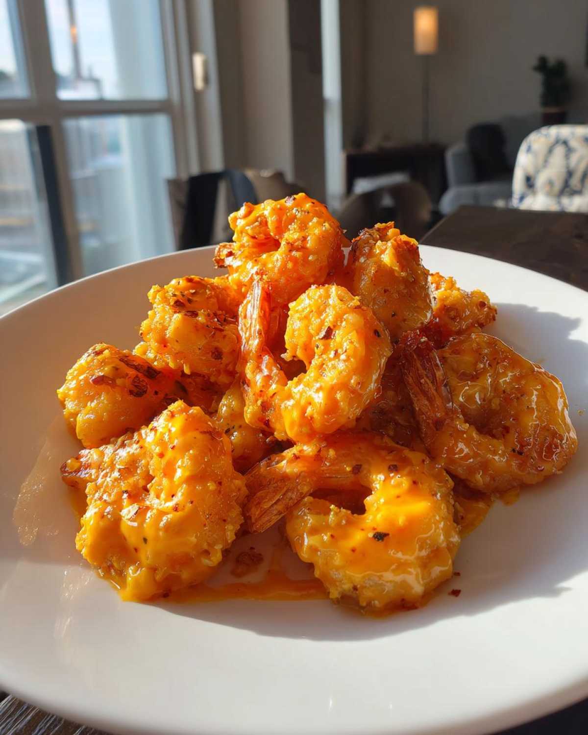 A plate piled high with crispy, orange-coated bang bang shrimp, glistening under bright natural light.
