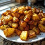 A close-up of perfectly crispy, golden brown breakfast potatoes seasoned with herbs on a white plate.