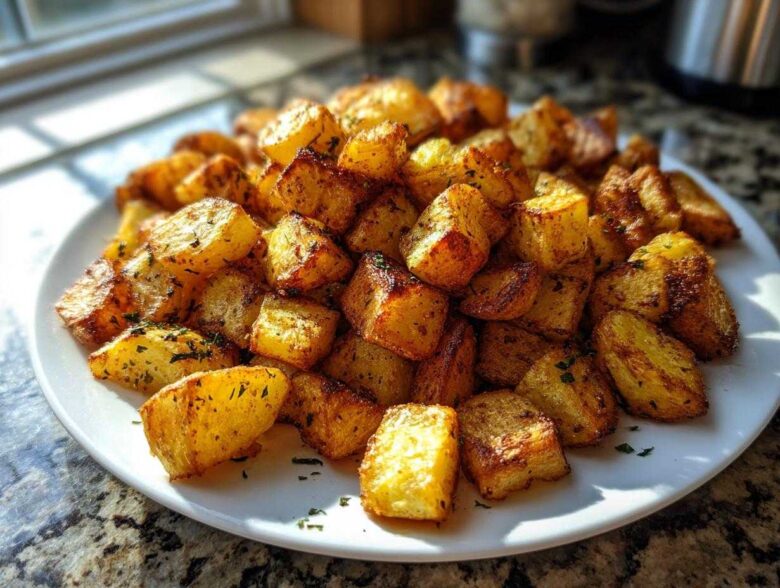 A close-up of perfectly crispy, golden brown breakfast potatoes seasoned with herbs on a white plate.