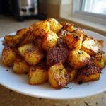 A mound of golden brown, crispy breakfast potatoes seasoned with herbs served on a white plate.
