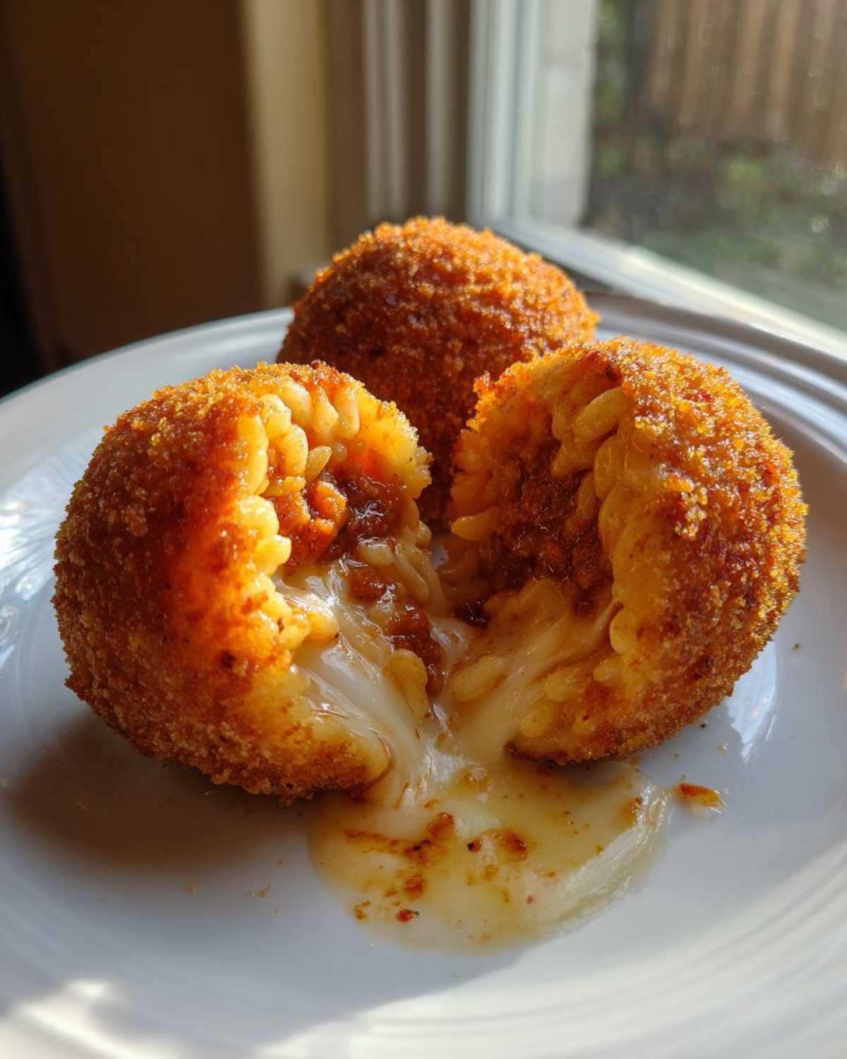 Close-up of crispy fried rice balls, one broken open revealing melted cheese and savory filling.