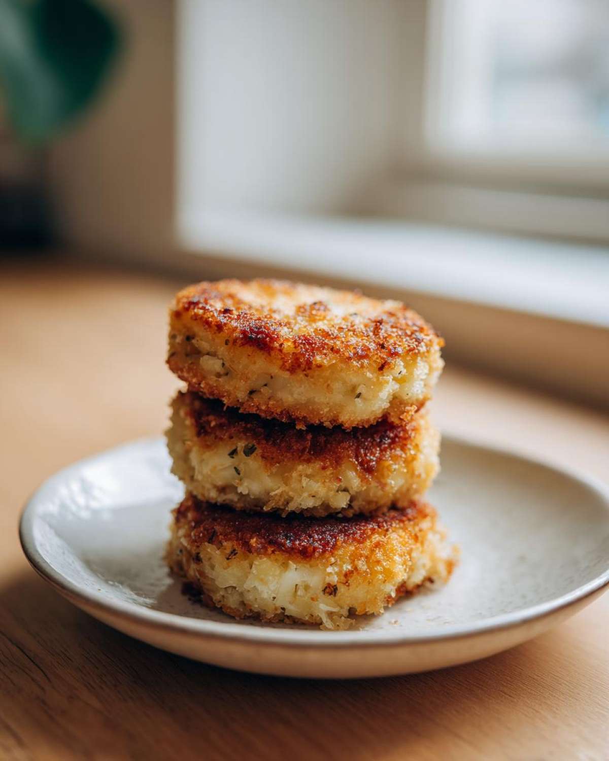 Three golden-brown, crispy mashed potato cakes stacked on a small white plate.