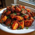 A pile of perfectly roasted Mexican Potatoes, heavily seasoned with spices and topped with fresh cilantro.