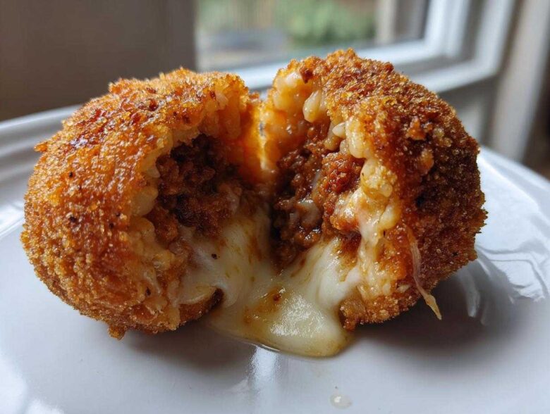 A crispy, golden-brown rice balls cut in half showing a savory meat filling and gooey melted mozzarella cheese.