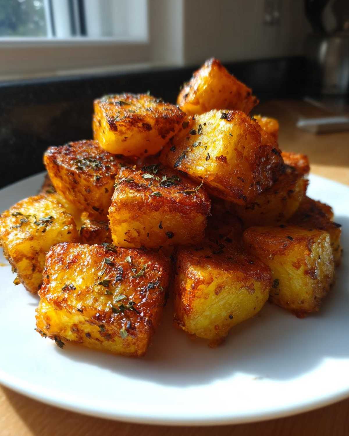 A stack of golden brown, crispy breakfast potatoes seasoned with herbs, served on a white plate.