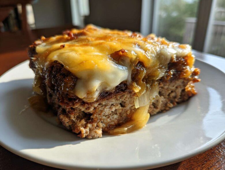 Close-up of a thick slice of crockpot french onion meatloaf topped with melted Swiss cheese and caramelized onions.