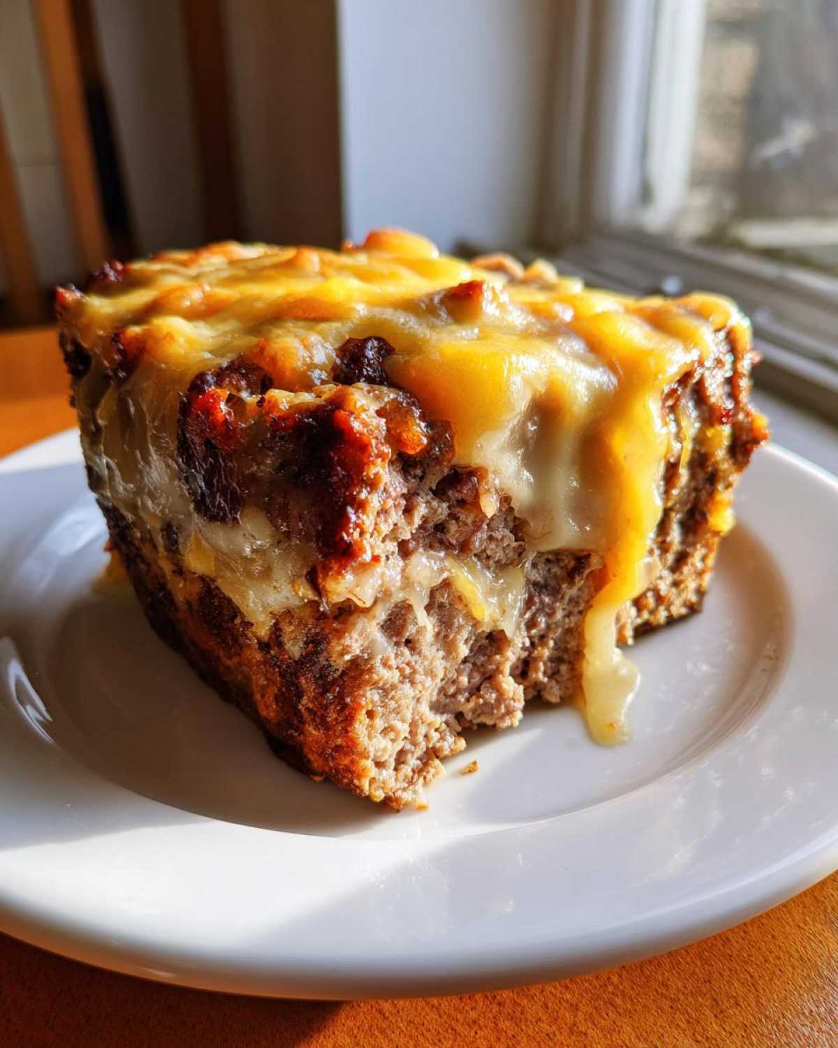 A thick slice of crockpot french onion meatloaf topped with melted, gooey cheddar cheese, served on a white plate.