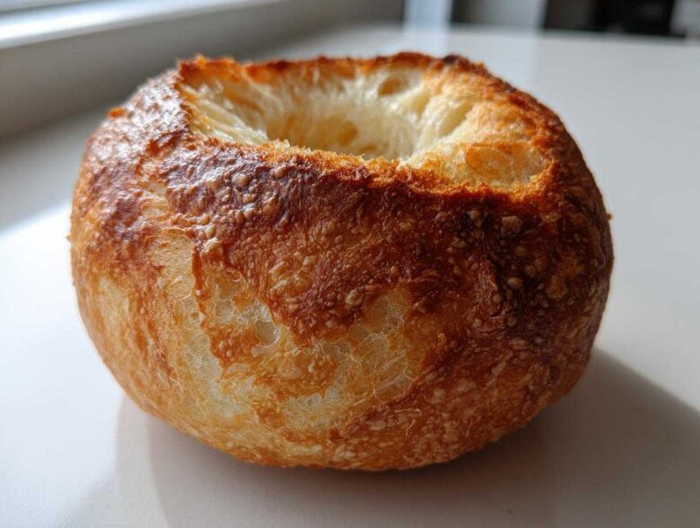 A single, crusty, round bread bowl with the top cut out, ready to be filled.