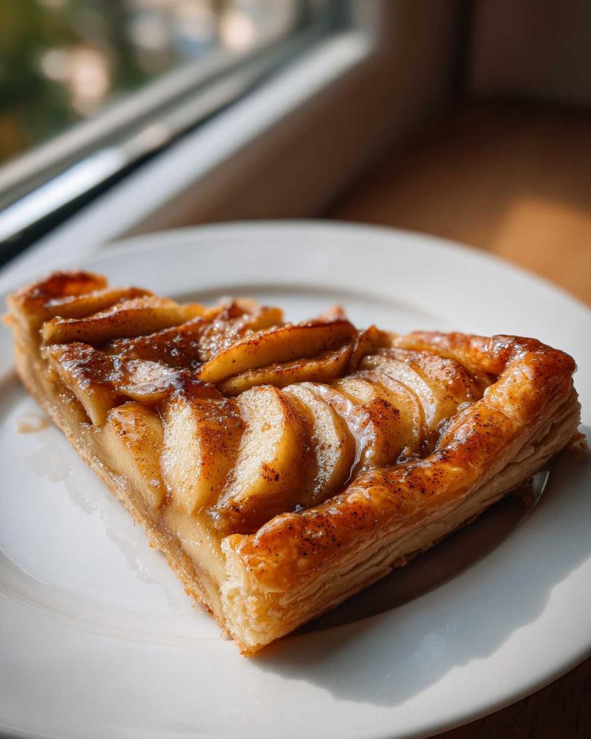 A close-up slice of easy apple tart with caramelized, thinly sliced apples on flaky pastry, sitting on a white plate.