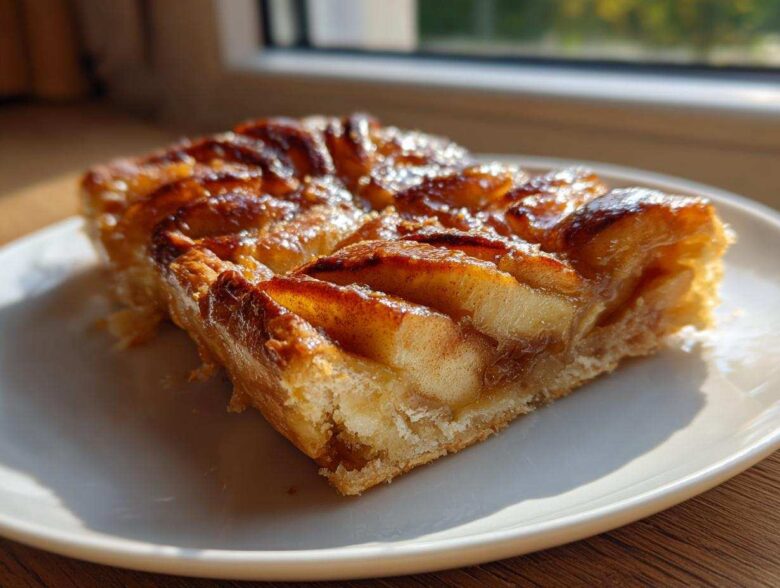 Close-up of a glistening, caramelized slice of easy apple tart resting on a white plate near a window.