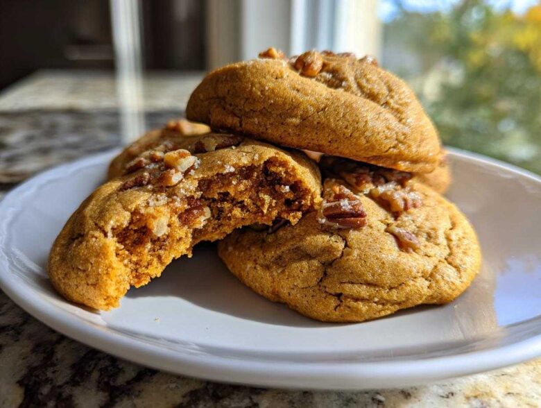Close-up of several soft butter pecan cookies stacked on a white plate, one is broken open showing the chewy interior.