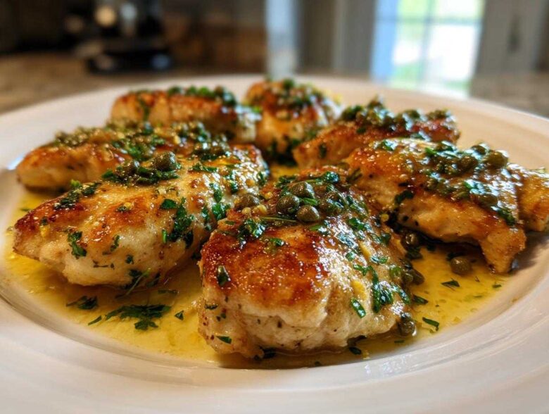 Close-up of several golden-brown chicken piccata fillets swimming in a bright lemon-butter sauce topped with capers and fresh parsley.