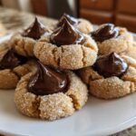 A close-up of several sugar-coated peanut butter blossoms topped with melted chocolate kisses.