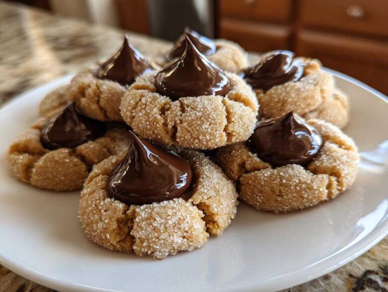 A close-up of several sugar-coated peanut butter blossoms topped with melted chocolate kisses.