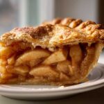 Close-up of a thick slice of amazing apple pie showing flaky crust and cinnamon-spiced apple filling.