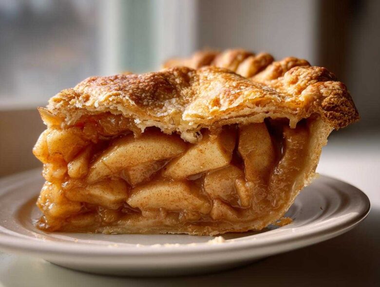 Close-up of a thick slice of amazing apple pie showing flaky crust and cinnamon-spiced apple filling.