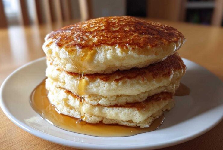 A tall stack of four fluffy almond flour pancakes drizzled generously with maple syrup.