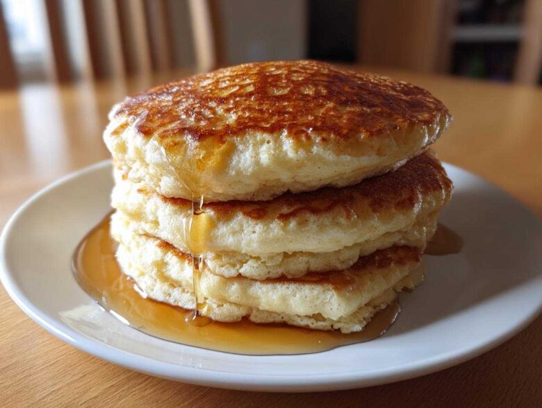 A tall stack of four fluffy almond flour pancakes drizzled generously with maple syrup.