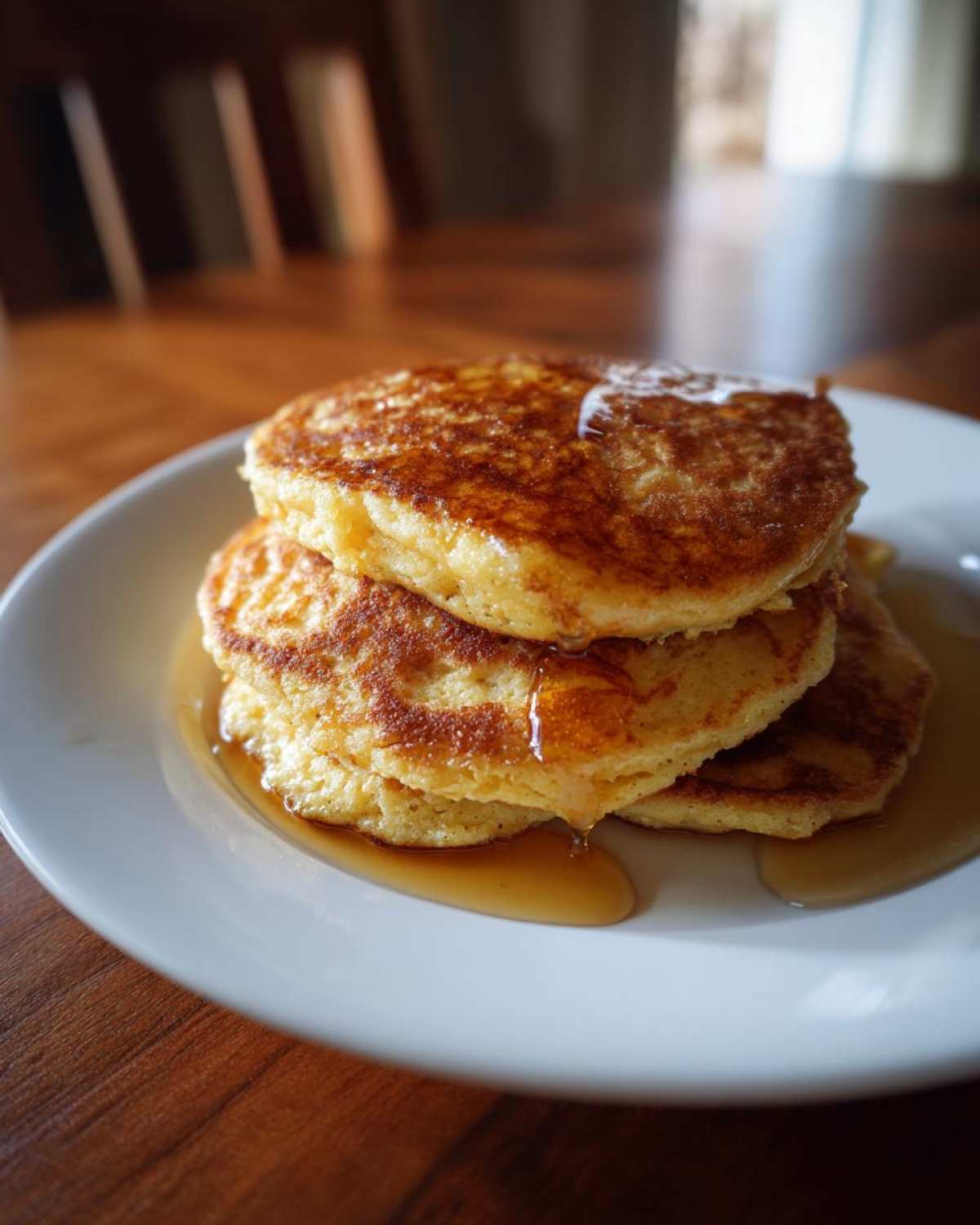 A stack of three golden brown almond flour pancakes drizzled with maple syrup on a white plate.