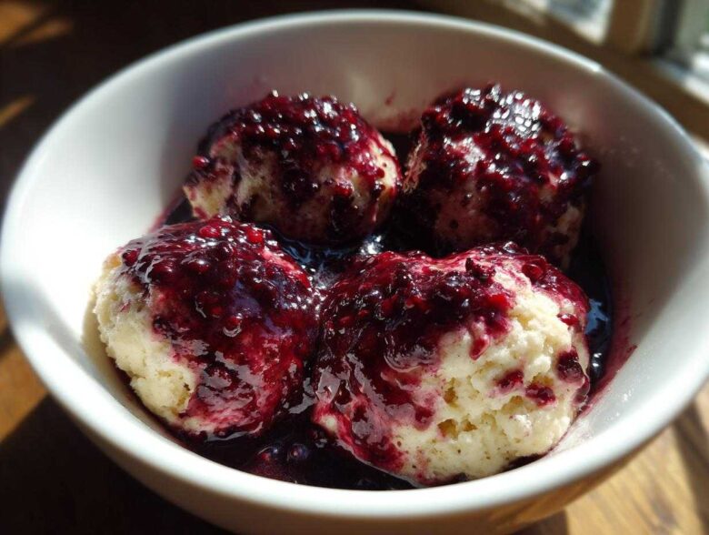 Close-up of four fluffy Blackberry Dumplings served warm in a white bowl, generously topped with dark, rich blackberry sauce.