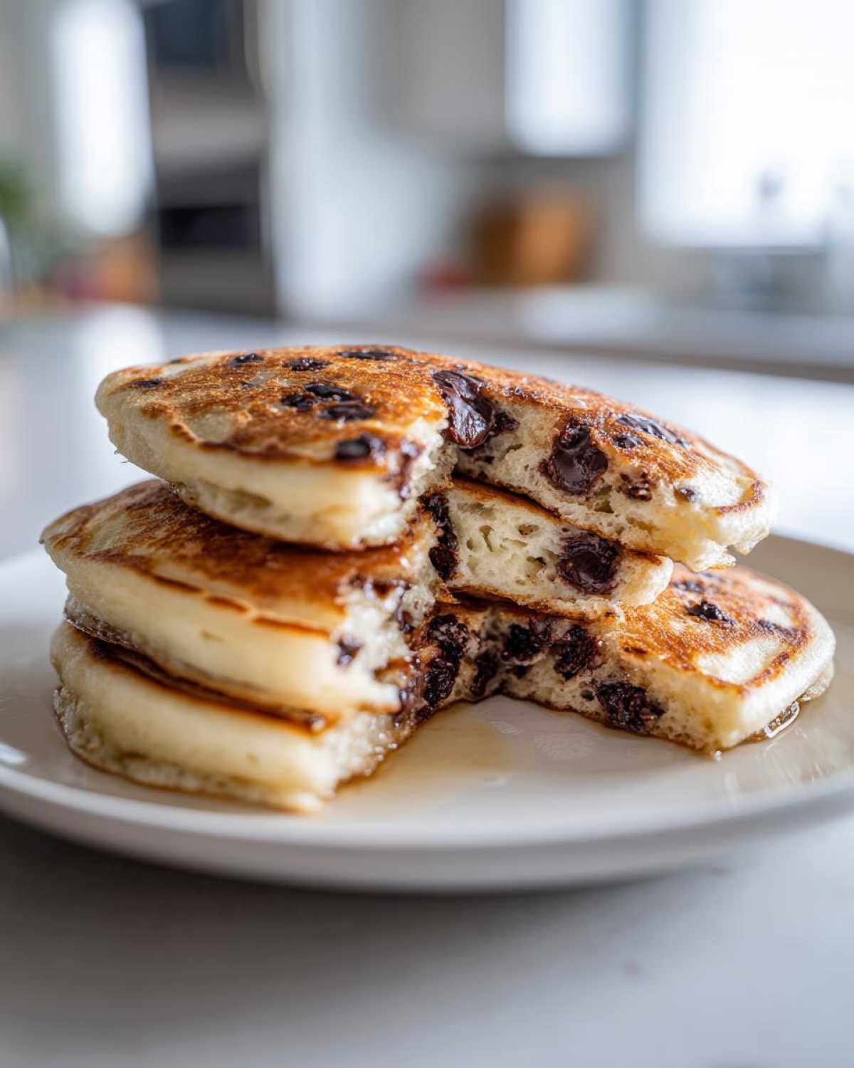 A stack of fluffy chocolate chip pancakes, cut open to show melted chocolate chips inside, drizzled with syrup.